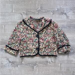 Vtg 60's GLENTEX Woven Floral Jacquard Jacket Sz M Mod Cropped Button Up